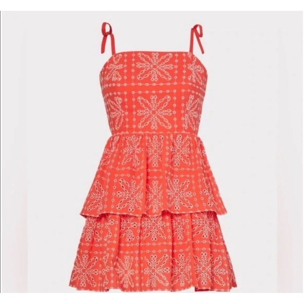 Milly $395 Easton Coral Orange Eyelet Tiered Mini Dress Tie Straps Cotton Size M
